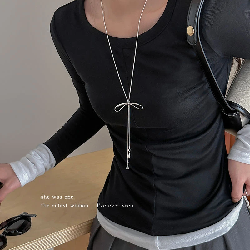 合金项链 蝴蝶结流苏项链轻奢小众设计感可调节长款毛衣链女颈链