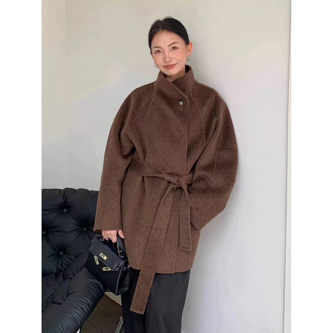 韩国立领宽松显瘦气质小众双面羊毛绒大衣2024秋冬女