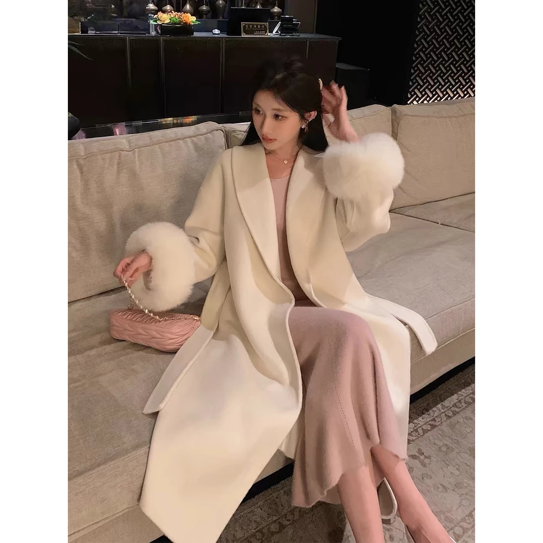 中长款高级感气质毛毛袖浴袍型毛呢大衣时尚外套秋冬新款呢子冬季