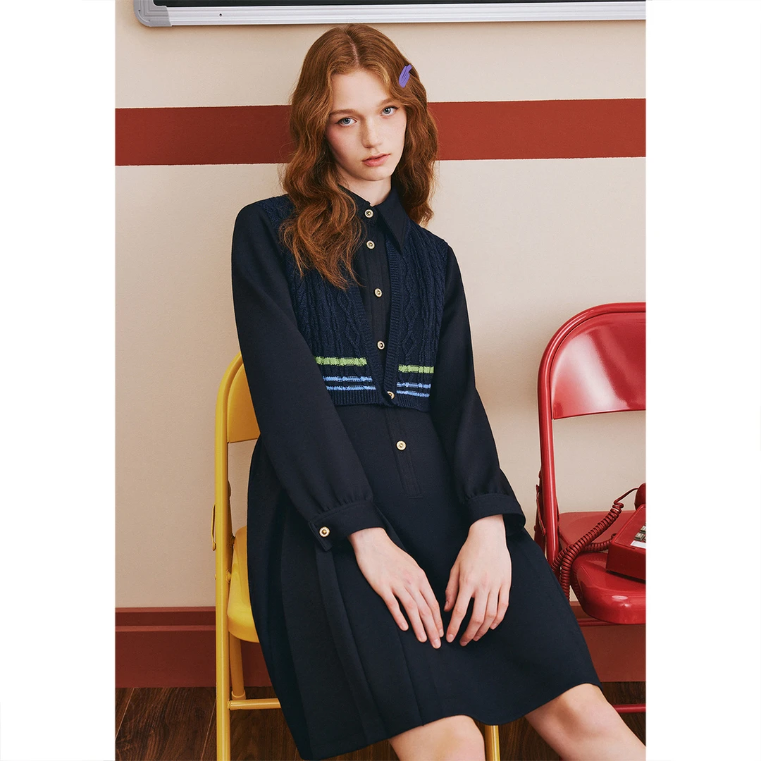 PSALTER/诗篇金标专柜同款撞色时尚复古拼接长裙连衣裙6C63505103