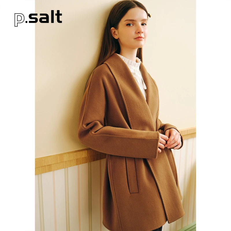 SALT.P可颜气质女装冬季宽松系带双面呢翻领毛呢大衣AC53580260