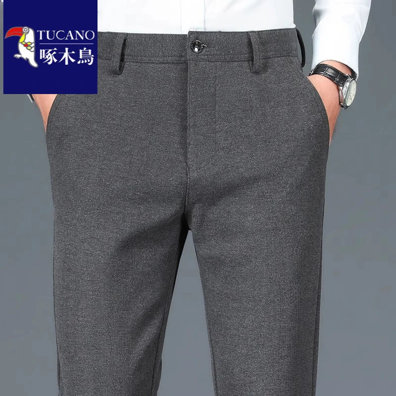 啄木鸟春季毛呢休闲裤男新款磨毛中老年百搭直筒长裤西裤男士裤子