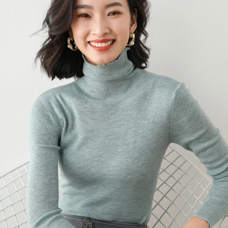 主播大力推荐 堆堆领修身打底衫女薄款高领紧身显瘦毛衣针织衫