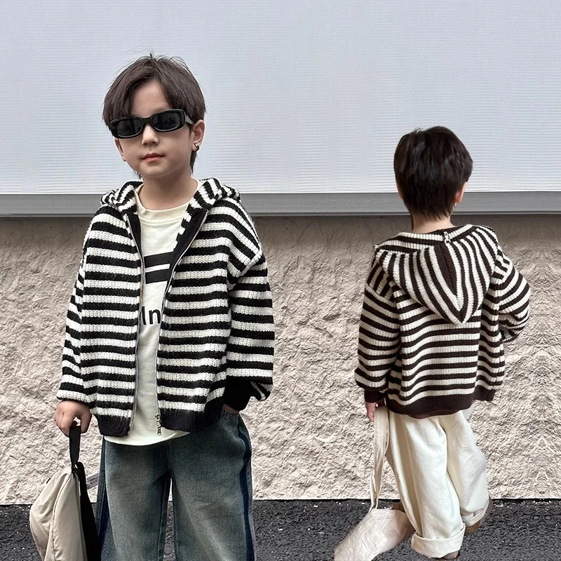 【交个朋友】亲子装毛衣外套儿童针织男女童条纹春秋洋气连帽ad521