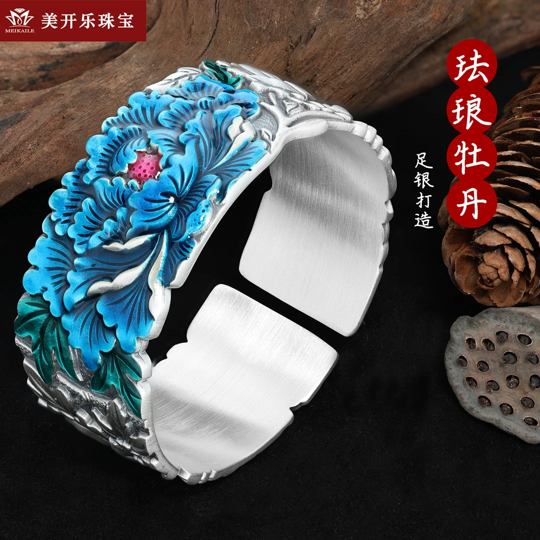 足银手镯 珐琅牡丹足银9999镶嵌百搭经典复古祝福送礼手饰纯银