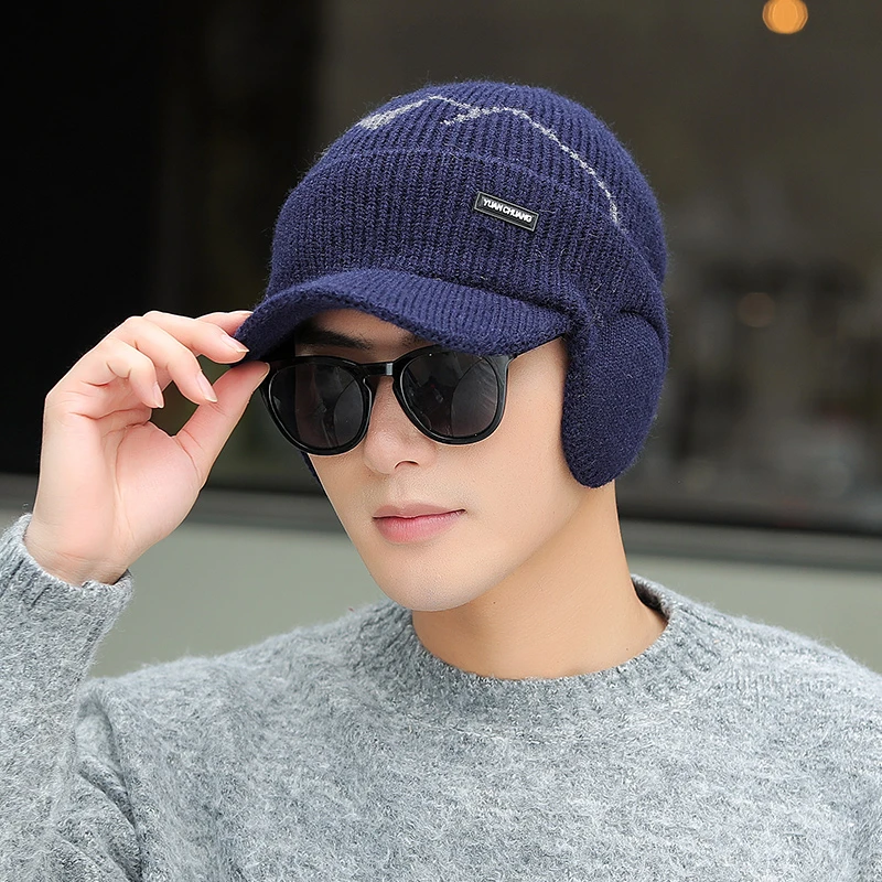 秋冬季男士保暖毛线鸭舌帽子百搭冬季防寒加厚护耳针织棒球雷锋帽
