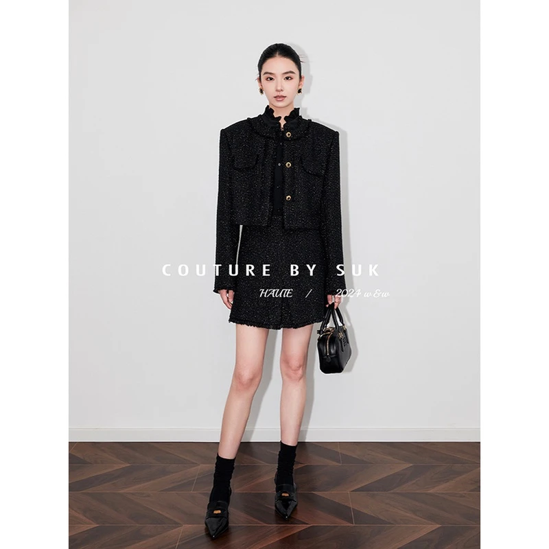 SUK【巴黎韵律】气质小香风手工毛边设计短上衣+高腰半裙套装SK4529