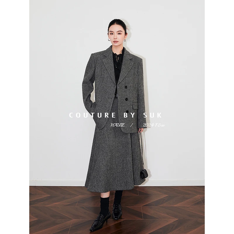 SUK【时尚奏鸣曲】秋冬毛呢西装外套两件套半身裙气质套装女SK4533