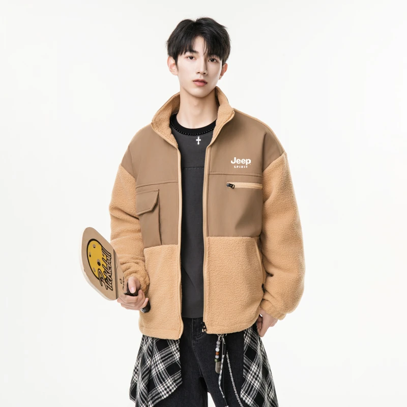 BL-703 秋季美式复古拼接羊羔绒毛棉服外套