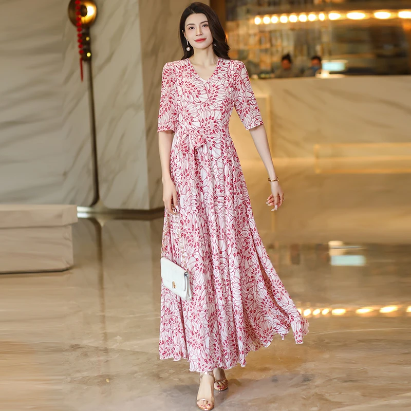 夏季印花雪纺大摆连衣裙修身显瘦