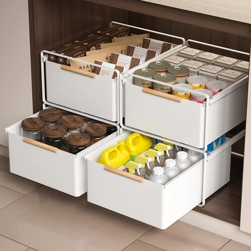 厨房橱柜收纳筐可叠加抽拉滑轨收纳篮金属水槽下分层置物拉篮抽屉