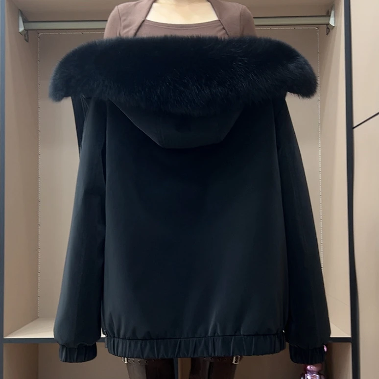 黑色男士羽绒加兔毛内胆双重保暖连帽派克服加厚保暖