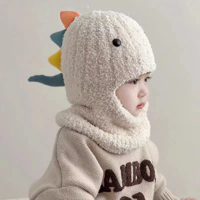 宝宝帽子围脖一体秋冬男童卡通恐龙套头保暖女童护耳婴幼儿毛绒帽