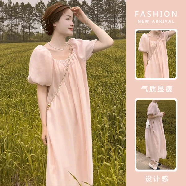 孕妇夏装连衣裙方领气质设计感宽松显瘦2025新款夏季小个子长裙女