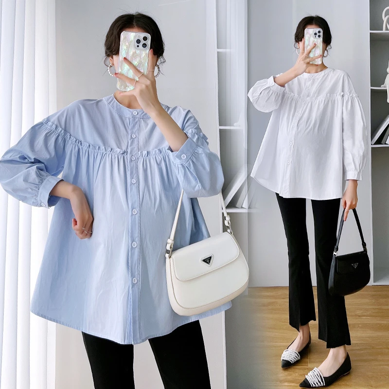 孕妇装春季时尚立领白色孕妇衬衫宽松休闲上衣韩版显瘦长袖衬衣