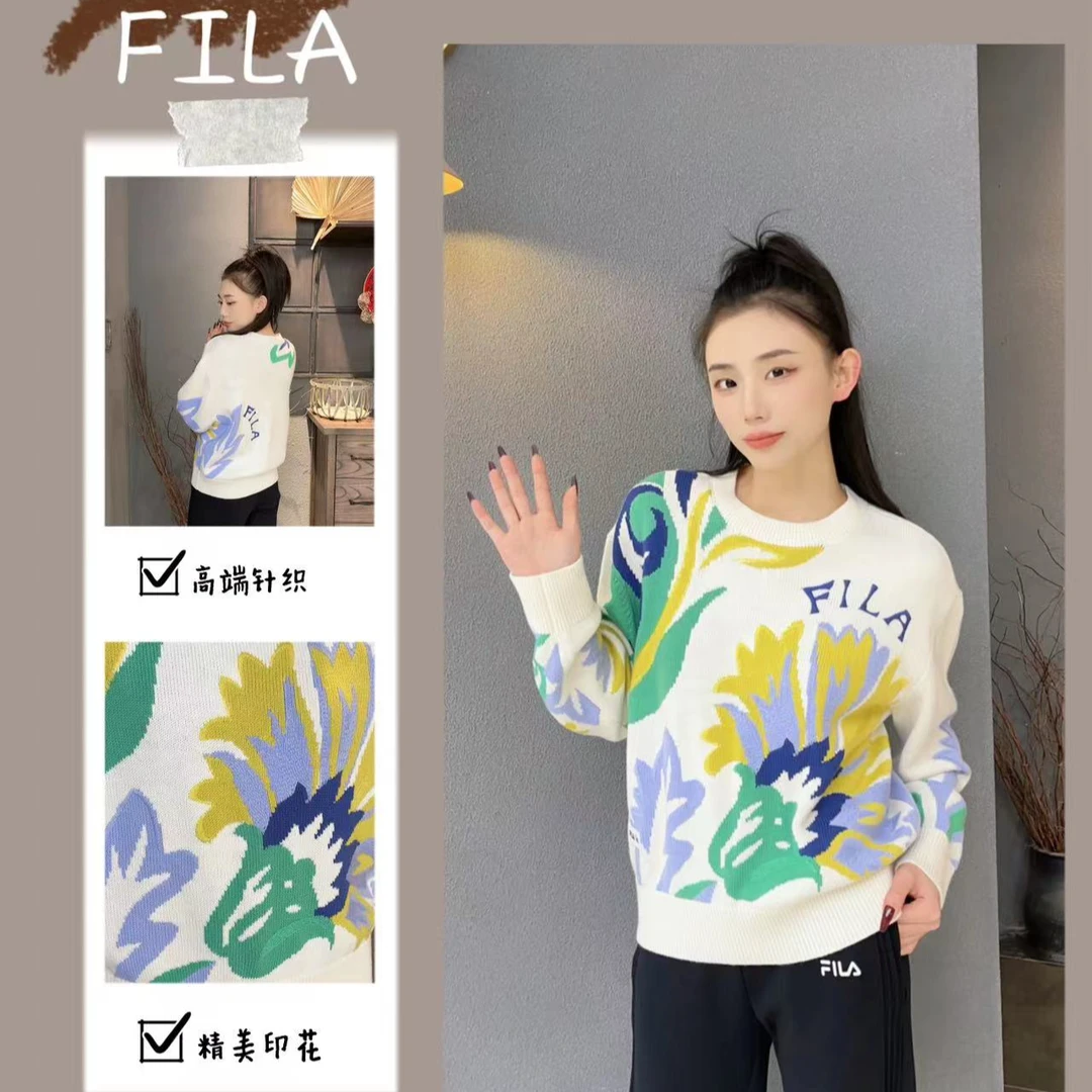 Fila/斐乐女装秋季新款提花宽松套头上衣针织圆领卫衣F11W418402F