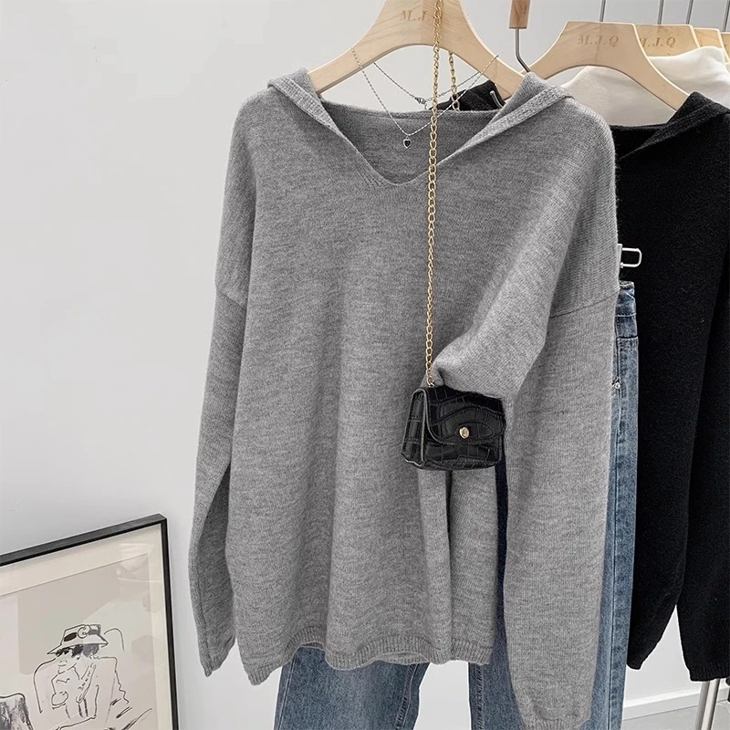 2025白色连帽衫韩版宽松大码连帽百搭长袖显瘦毛衣内搭打底衫上衣