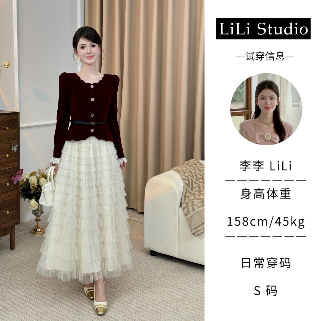 【赤霞】LiLi小香风收腰丝绒拼接蕾丝外套+加绒纱裙套装XMZH4677