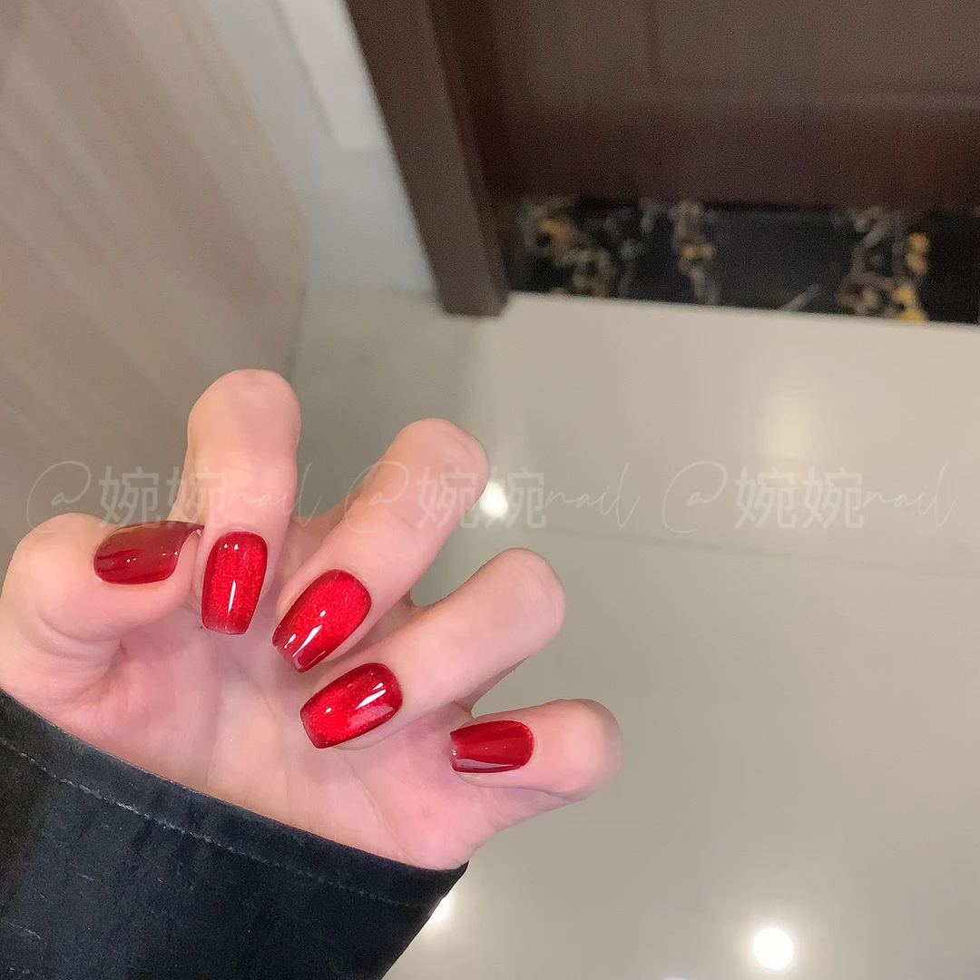 【幸运石】纯手工气质显白猫眼红色新年节日穿戴甲贴片