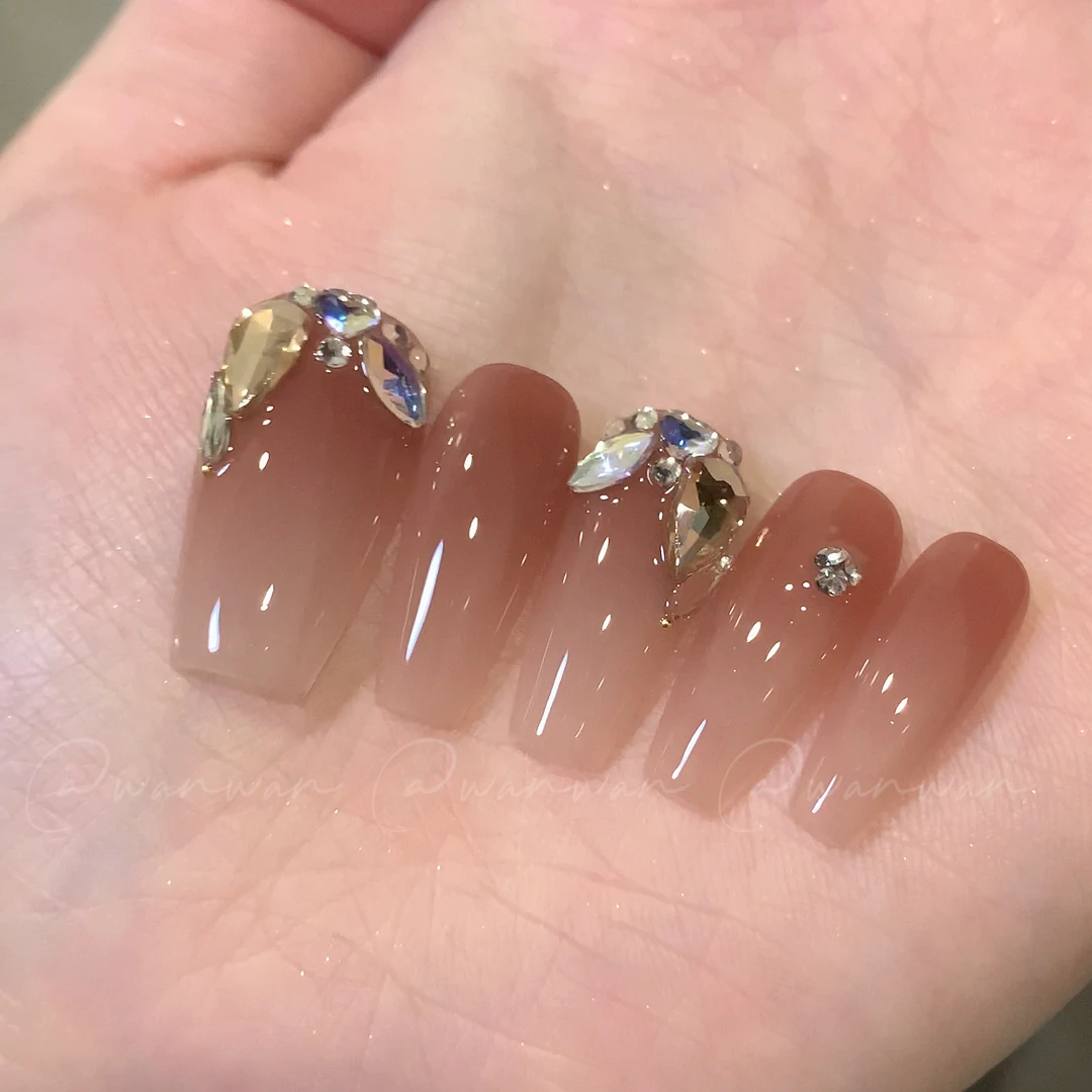 【冰美式】手工渐变气质简约纯欲冰透贴钻闪闪爆闪咖紫色穿戴甲