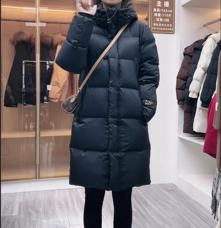黑金中长款羽绒服鸭绒女款气质时尚连帽宽松加厚保暖韩版秋冬6666