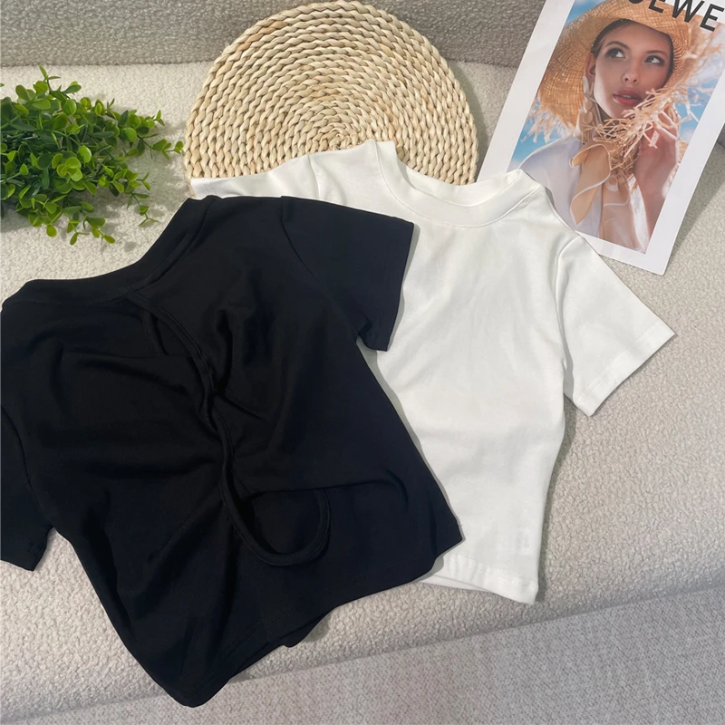 【824288】夏季新款百搭时尚休闲女孩圆领短袖T恤夏款白色短款露背