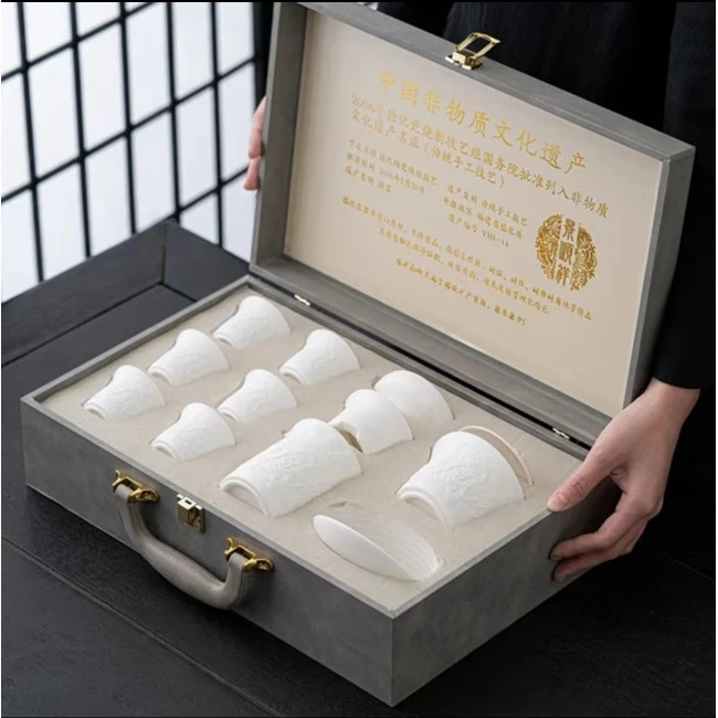 便携式礼盒羊脂玉高白瓷功夫茶具套装茶具旅行描金边懒人茶具茶杯