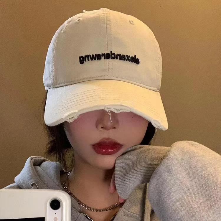 复古棒球帽女大头围显脸小破洞做旧鸭舌帽宽帽檐软顶米色帽子网红