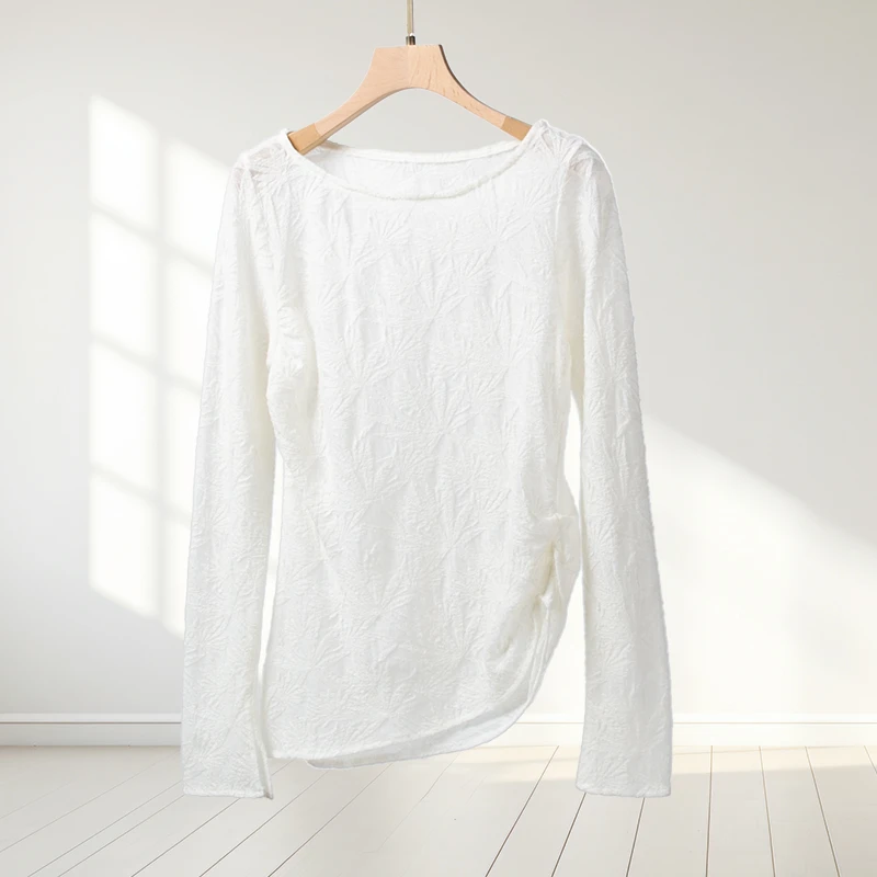 【返潮复古】一字领新中式国风提花设计款褶皱上衣显瘦薄款XW2410