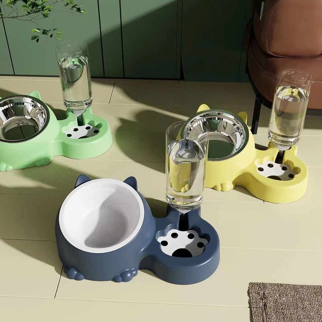 狗碗猫碗宠物双碗自动续水不锈钢陶瓷猫盆狗盆倾斜护颈宠物用品