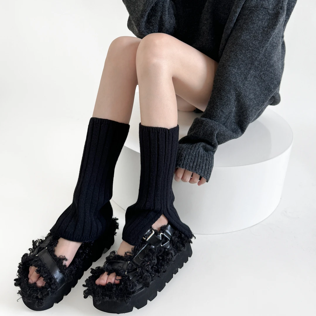 秋冬设计感短开叉袜套女ins宽条走秀款叠穿腿套百搭保暖针织靴套