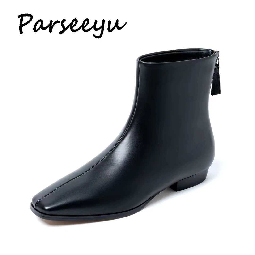 PARSEEYU/佰诗雨气质简约方头靴子短靴秋冬女靴英伦8838-1通勤