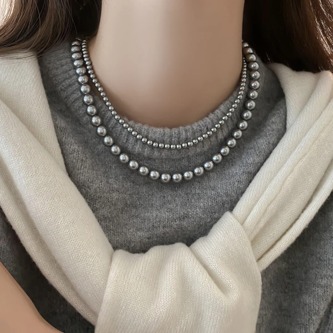钛钢仿珍珠项链 银灰色珍珠项链女轻奢气质高级毛衣链磁吸扣颈链