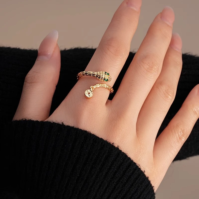 铜合金戒指 金色锆石小蛇戒指开口女可调节轻奢高级感小众食指戒