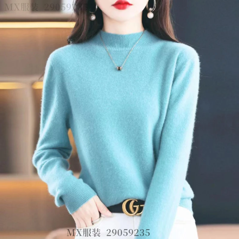 【主播推荐】半高领晴空蓝长袖针织衫套头毛衣百搭打底衫秋冬女装