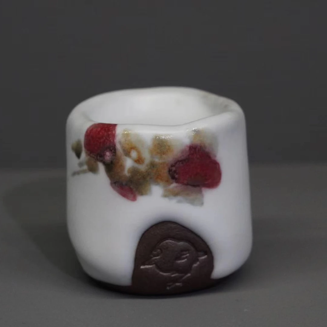晏如堂卯花白珐琅彩纯手工手捏杯陶瓷陶杯主人杯手绘点均创意茶杯