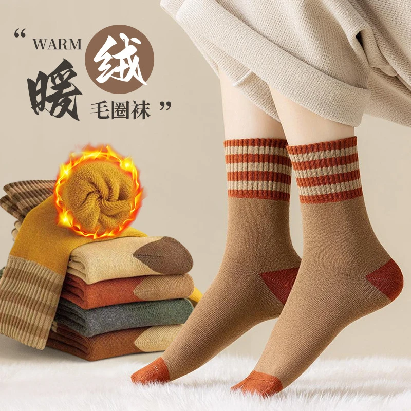 厚袜子女冬季毛圈中筒袜加绒保暖条纹运动防臭秋冬款毛巾长筒女袜
