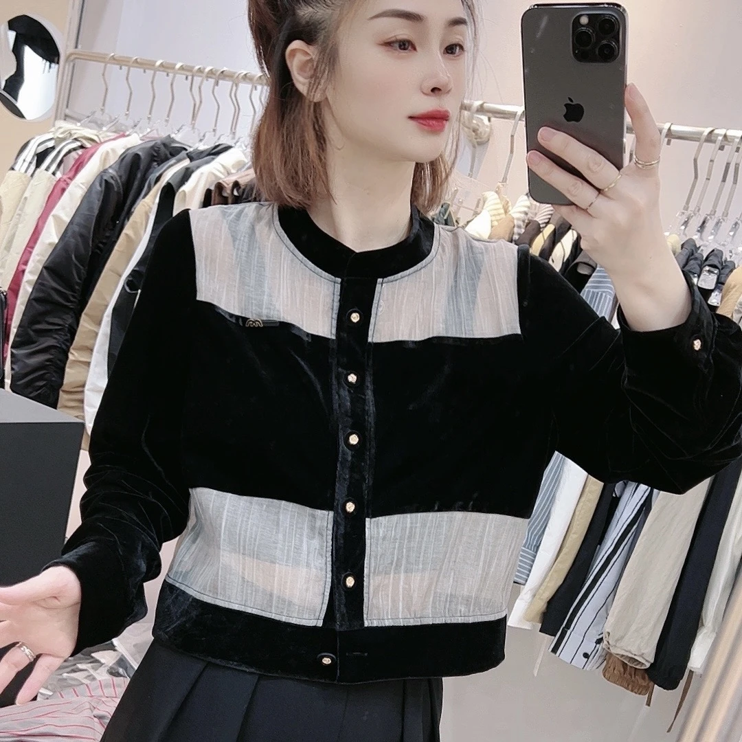 【F家】【简约打底】春季新款休闲打底上衣T恤长袖丝绒拼接网纱#5080