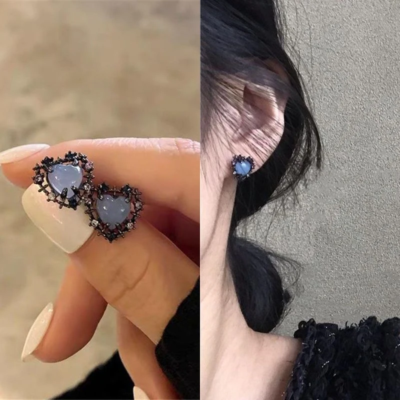 合金耳饰 爱心做旧复古水锆轻奢小众小巧百搭蓝色耳钉耳环少女耳