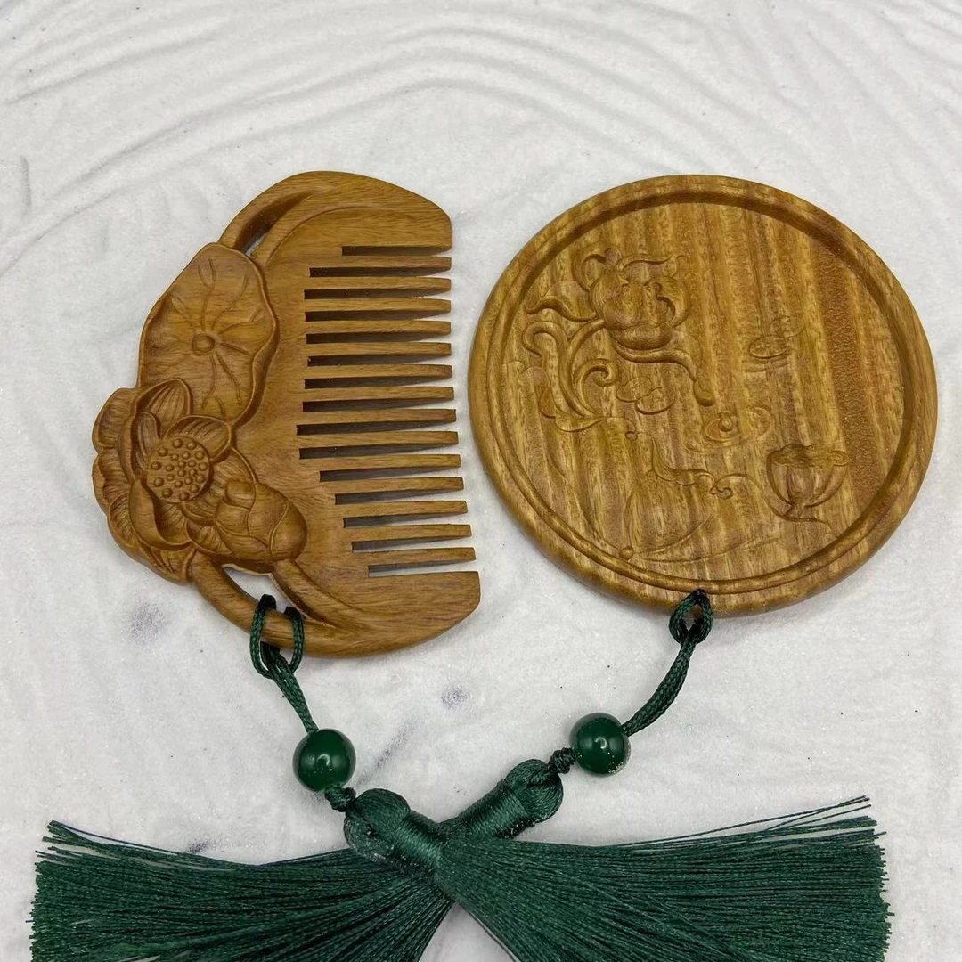 精致绿檀木镜梳复古镜梳套装便携组合家用套装木梳子
