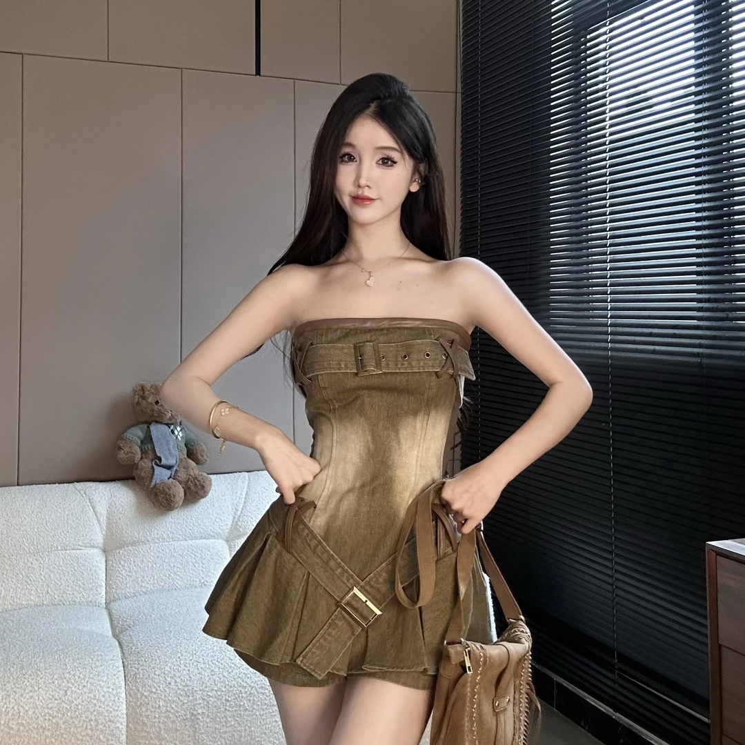 呜呜定制 夏季辣妹抹胸露背水洗牛仔拼皮显瘦百褶裤裙 6368