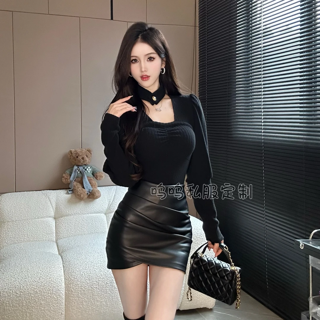 呜呜定制 新款纯欲辣妹泡泡袖秋冬加厚打底衫 7030