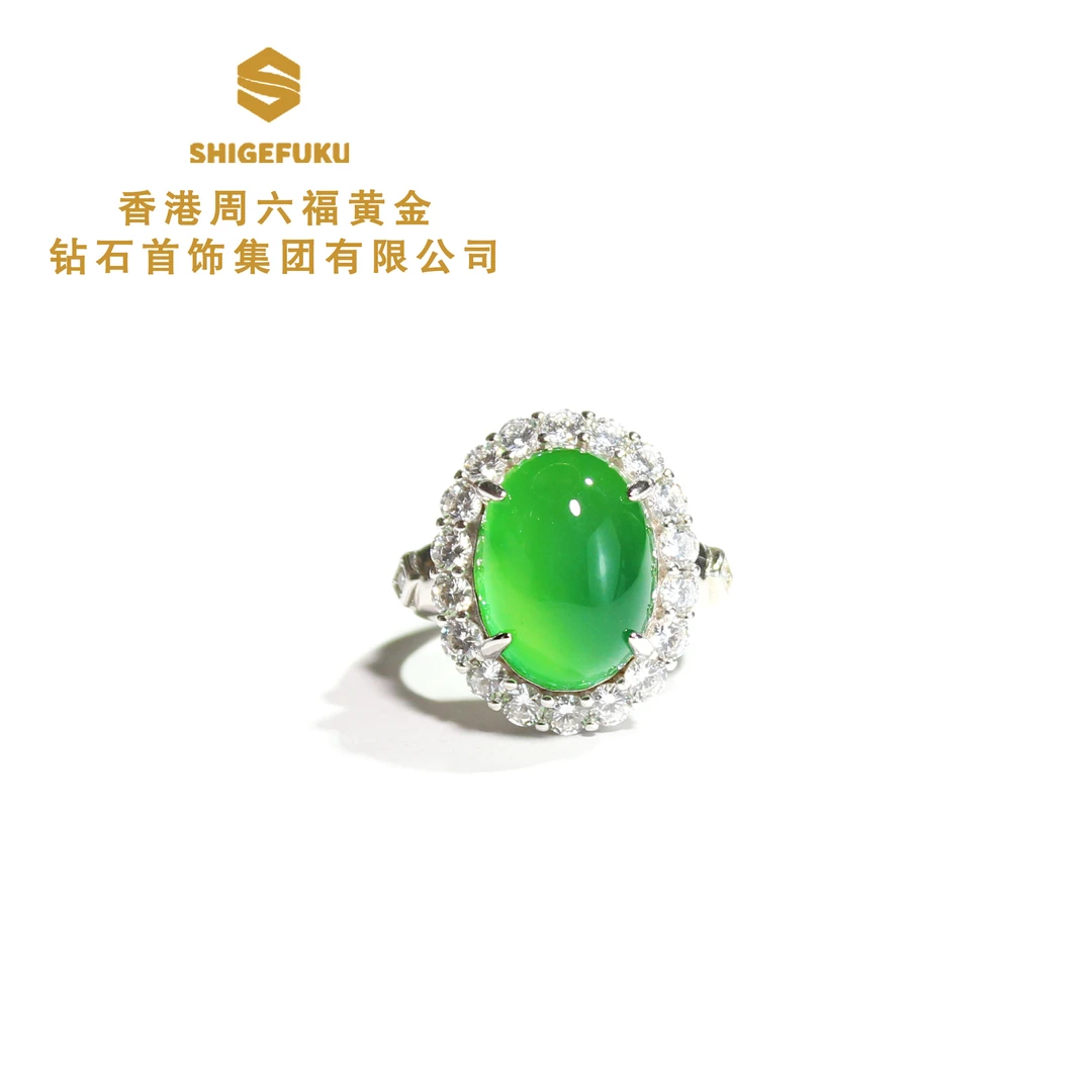 SHIGEFUKU银925镀金镶嵌天然阳绿玉髓（福）经典蛋面戒指