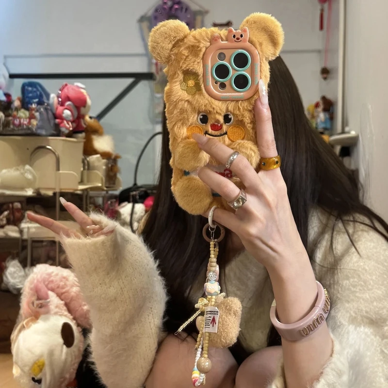 秋冬毛绒黄油小熊适用苹果15Promax手机壳iPhone14/16Pro新款13女