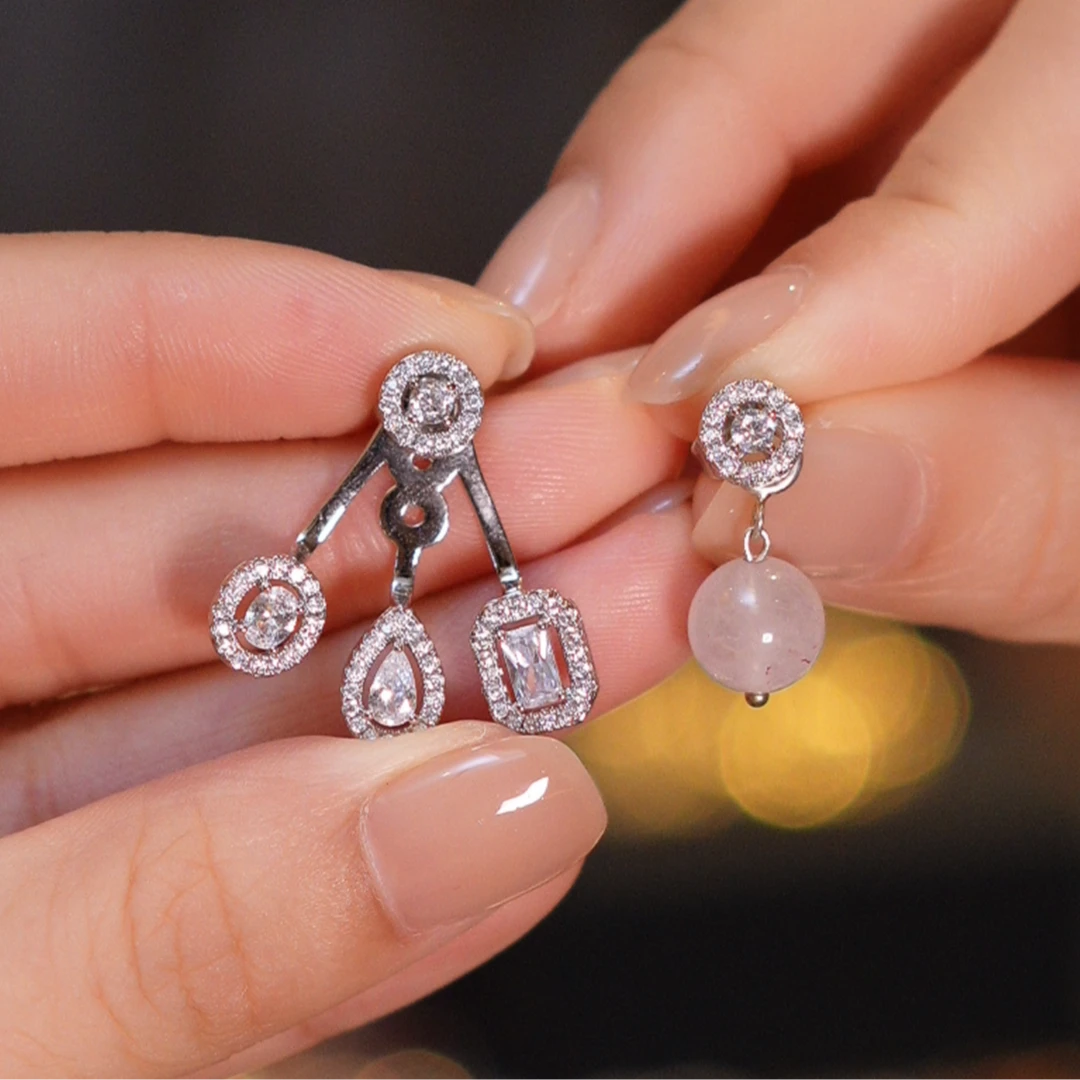 水晶扇形不对称AB双戴耳钉HTBL0226