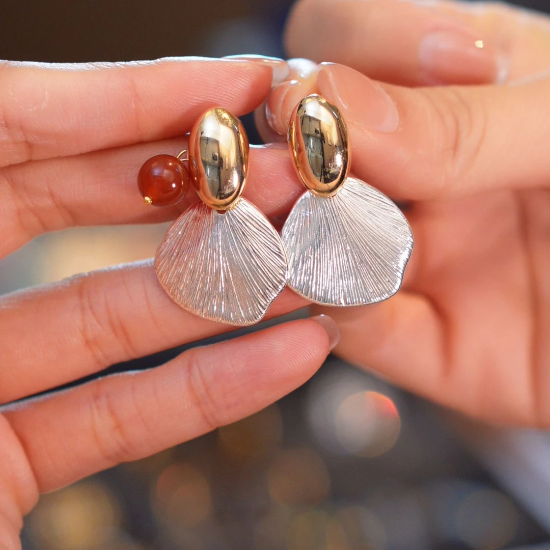 玛瑙扇叶纹理耳钉HTOXP009