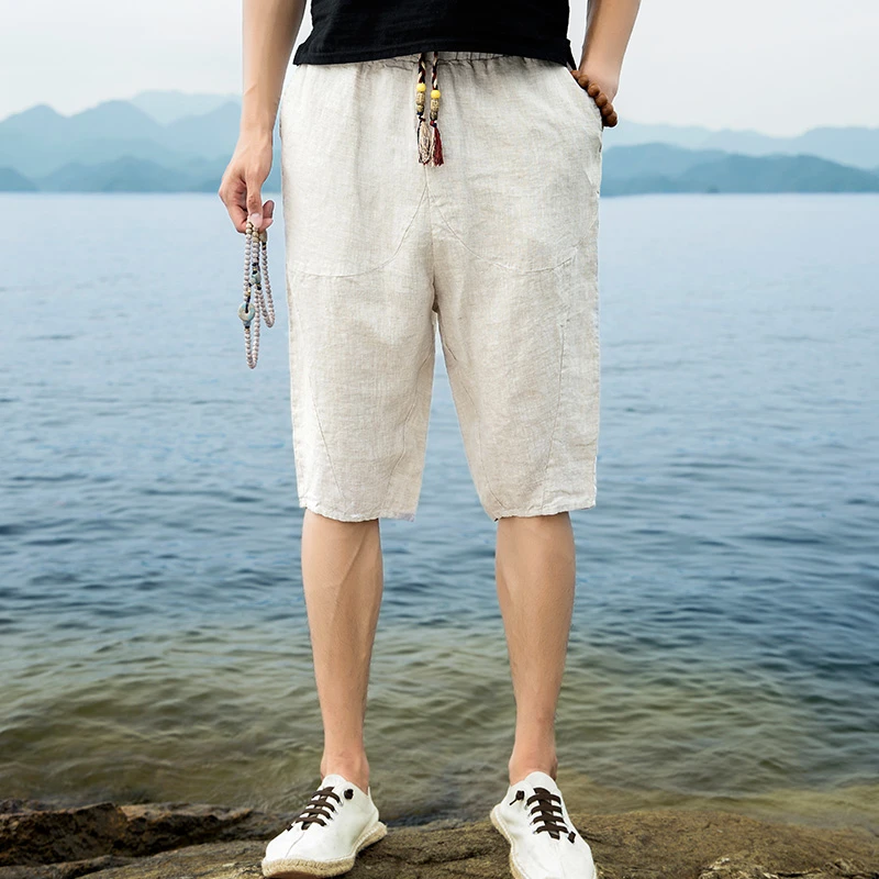 杰尼*亚精纺同款 路易·杰尼雅男装蓝色100%亚麻宽松薄款休闲短裤