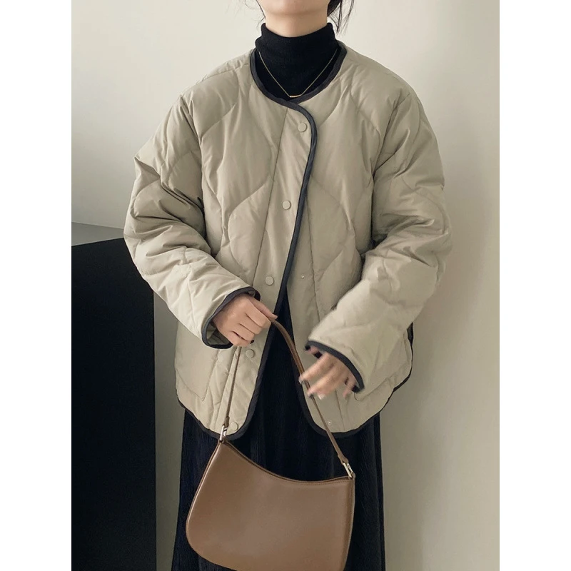 小香风撞色拼接无领菱格羽绒棉服女冬季超好看短款圆领棉衣外套女