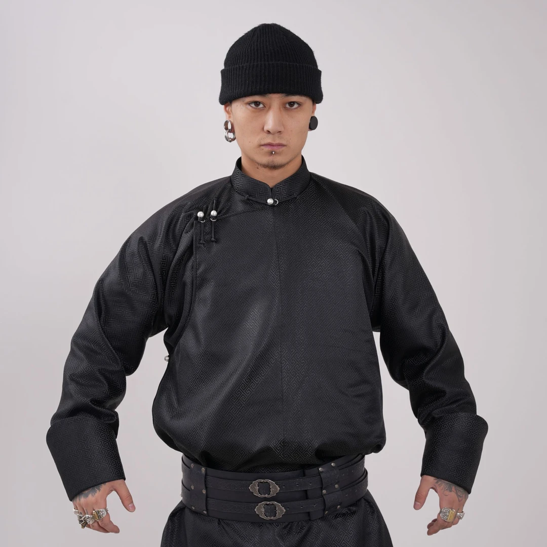 MAOP-1249 时尚黑色格纹休闲高领民族元素袍子