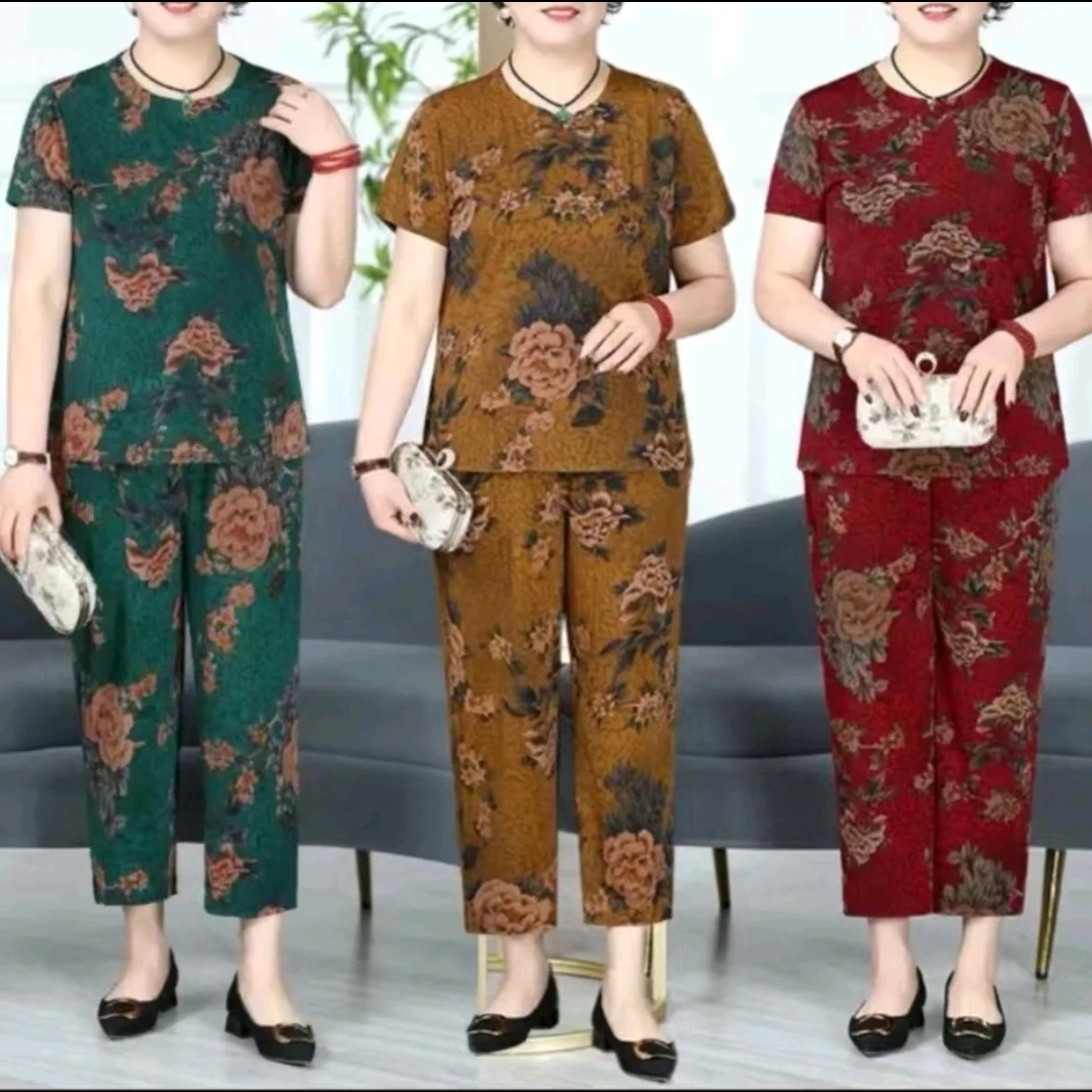 中老年妈妈装女装加大码冰丝弹力套装